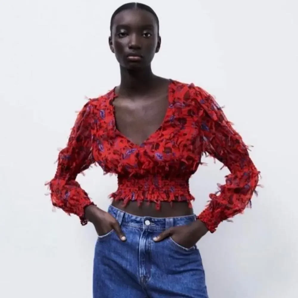 Zara Red Floral Fringe Long Sleeve V-Neck Crop Top